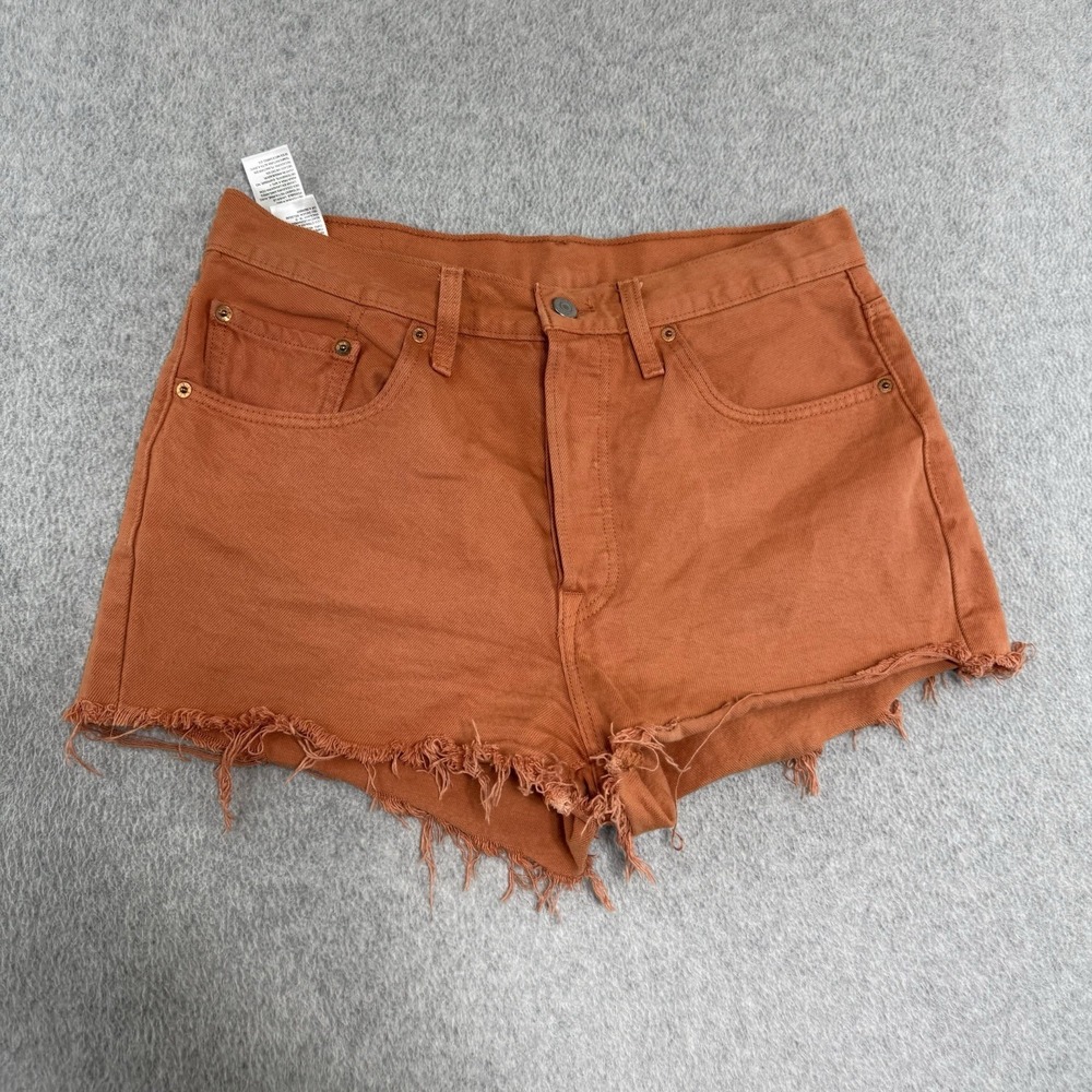501 Levi's Cut Off Denim Shorts Distressed Orange Button Fly Size 31 Jorts Jean